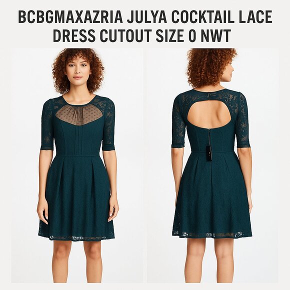 BCBGMaxAzria Julya Teal Lace Cocktail Dress Cutout Size 0 NWT - Picture 1 of 10